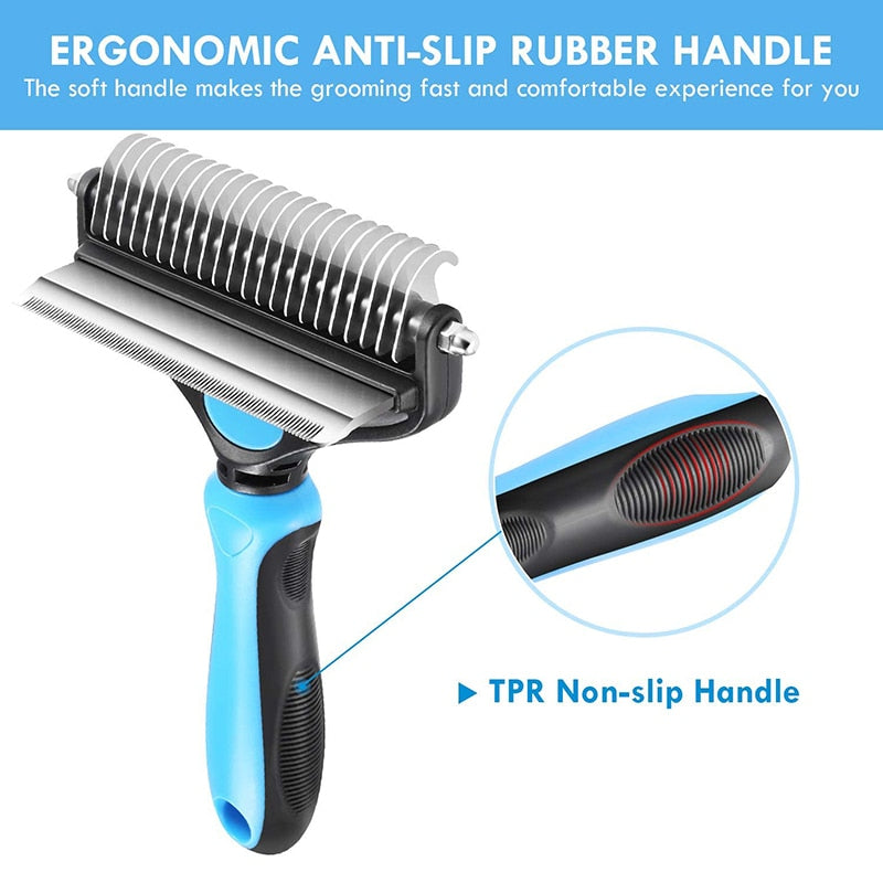 Professional Dog Comb, Rake 2 In 1 Safe Double-Sided Comfortable Handle Pet Grooming Brush