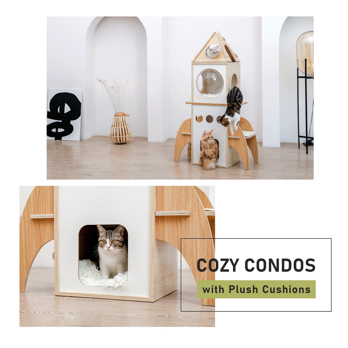 Let Your Cat Space Dream With One Of These Modern Multilevel Cat Rocket Post, Wooden Cat Tower Climbing Frame with Cozy Condos and A Luxuries Nest