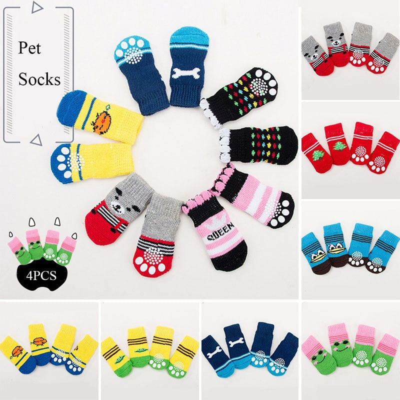 Keep Your Pup Warm!! 4pcs Warm Puppy Socks, Soft Pet Knits Socks, Cute Cartoon, Anti Slip Socks