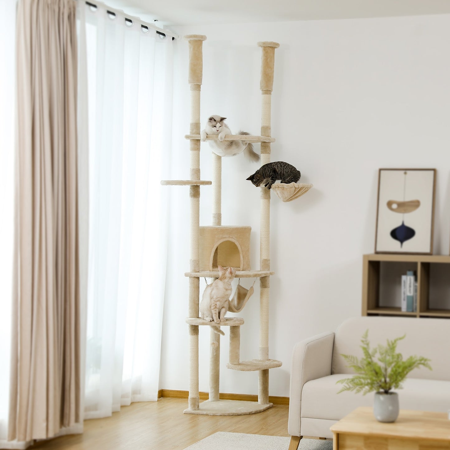 Tall Cat Tree Tower with Scratching Post, Adjustable Height, Multi-layer Platform with Soft Hammocks, Condo Transparent Nest