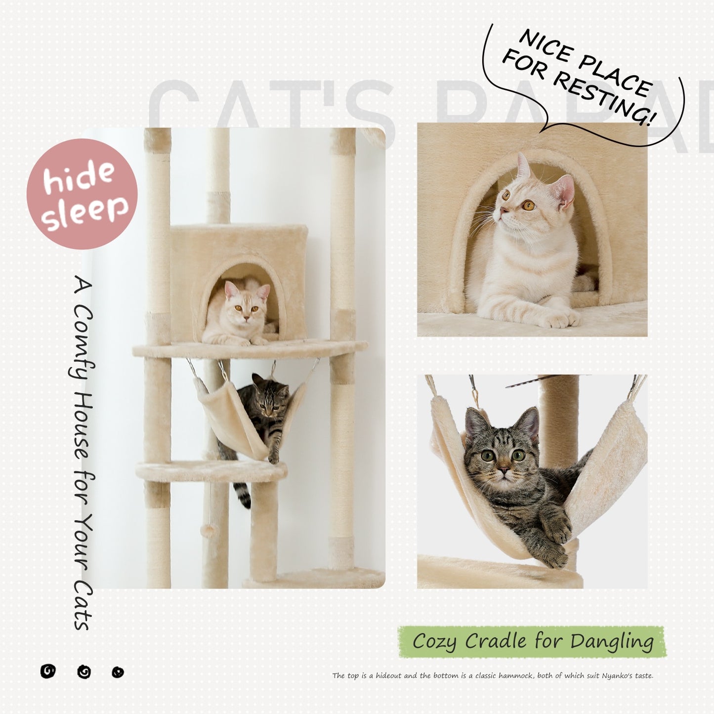 Tall Cat Tree Tower with Scratching Post, Adjustable Height, Multi-layer Platform with Soft Hammocks, Condo Transparent Nest