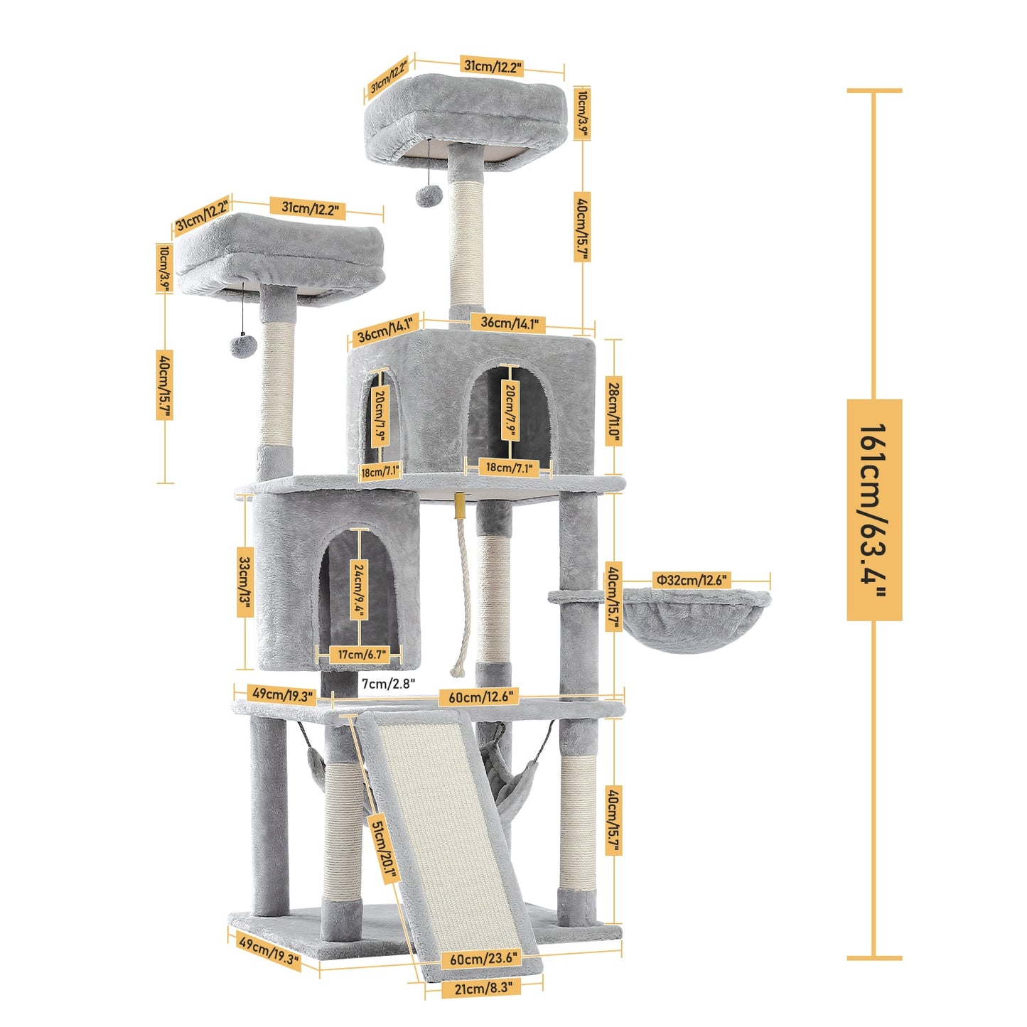 Large Sturdy Cat Tree with Multi-Level Cat Condos with Sisal Poles/Hammock