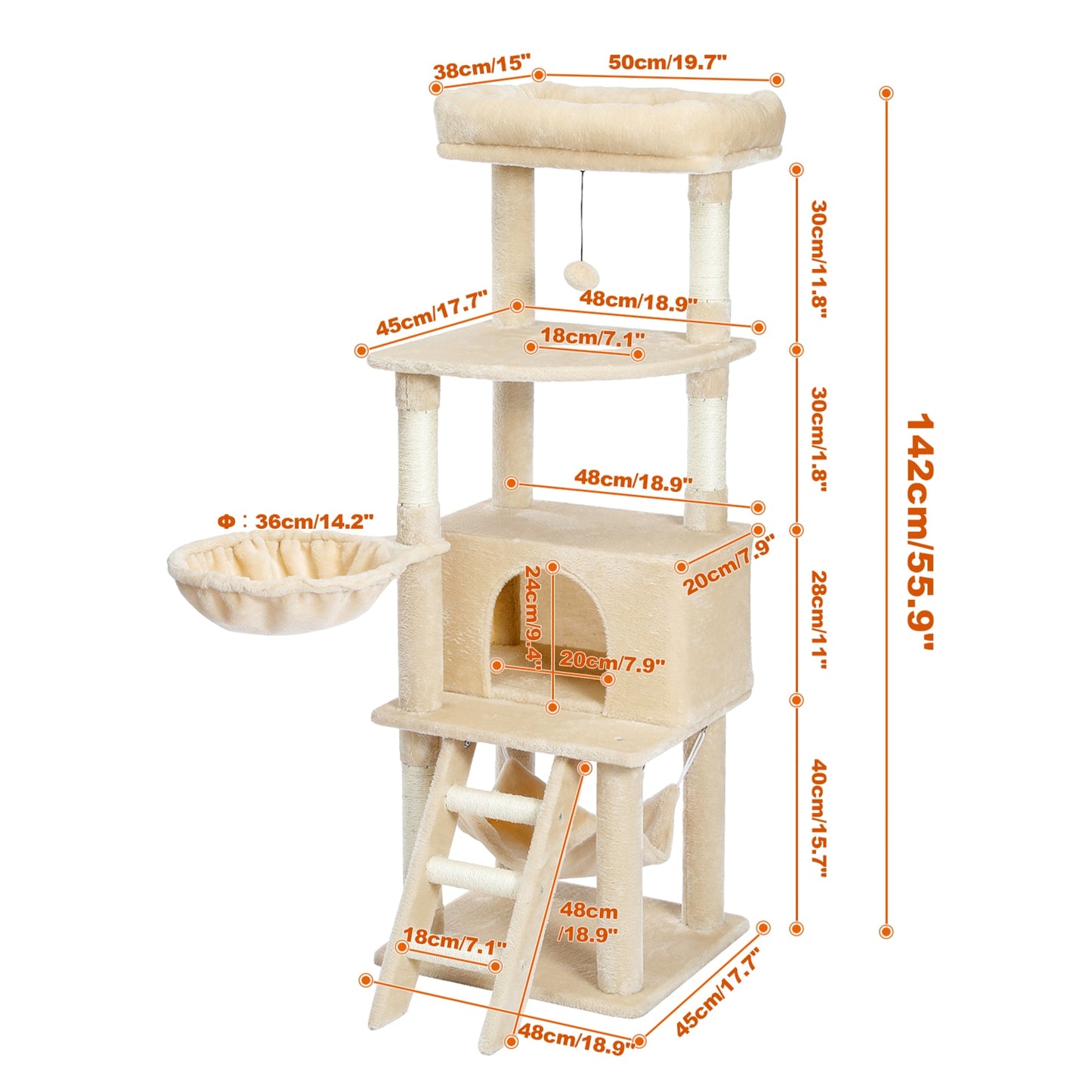 Cat Tree Tower/Post, Multi-Level Pet Climbing Tree with Hammock With Toy Ball